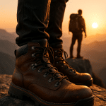 rugged hiking boots on a hiker at sunrise with mountains in background representing best hiking boots
