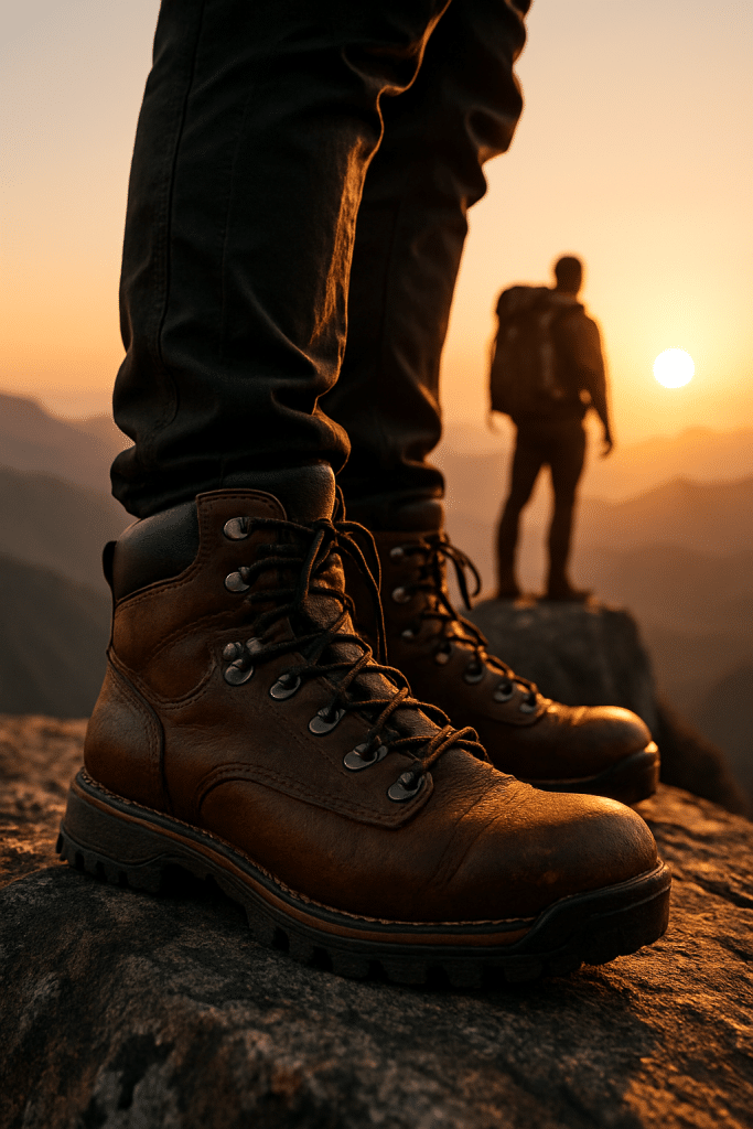 rugged hiking boots on a hiker at sunrise with mountains in background representing best hiking boots