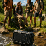 rugged outdoor waterproof speakers in natural setting with adventurers enjoying outdoor gear