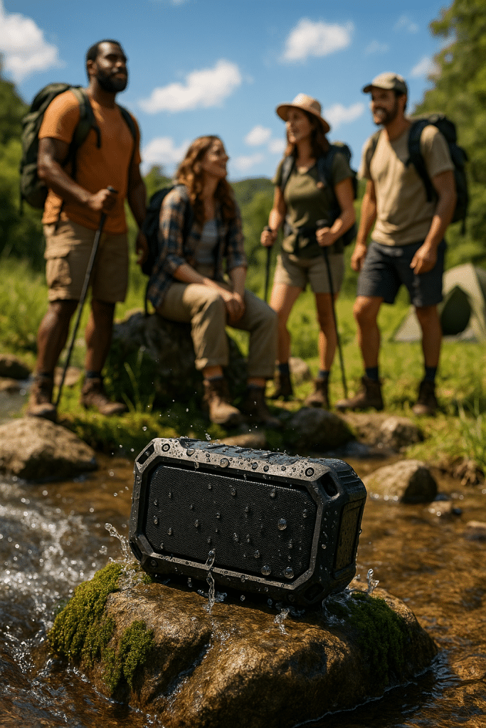 rugged outdoor waterproof speakers in natural setting with adventurers enjoying outdoor gear