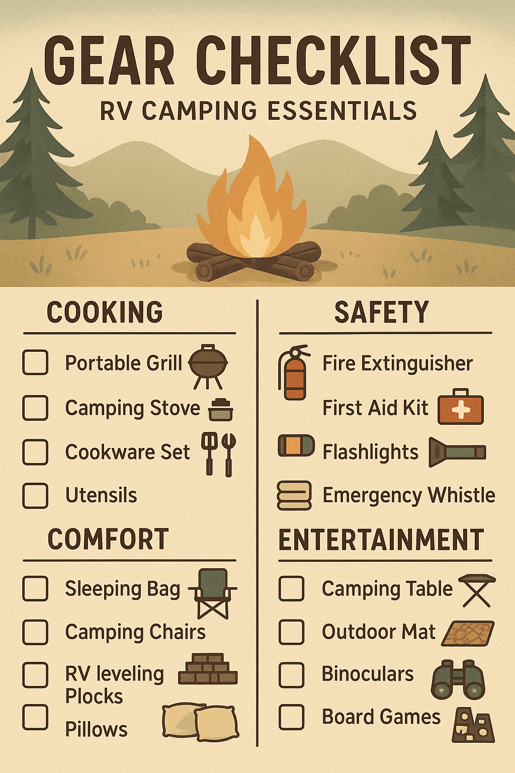rv camping essentials gear checklist infographic for outdoor enthusiasts