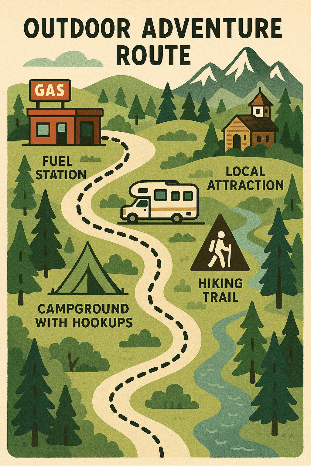 rv camping essentials illustrated outdoor adventure route map for enthusiasts