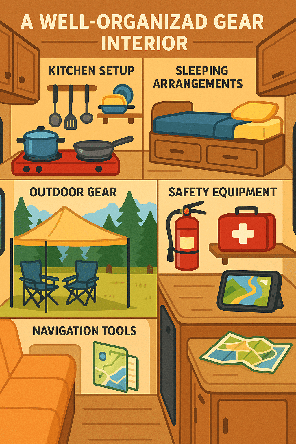 rv camping essentials interior setup organized gear categories for outdoor enthusiasts