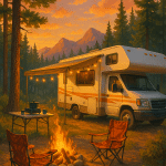 rv camping essentials outdoor scene with rv campfire and gear at a forest campsite
