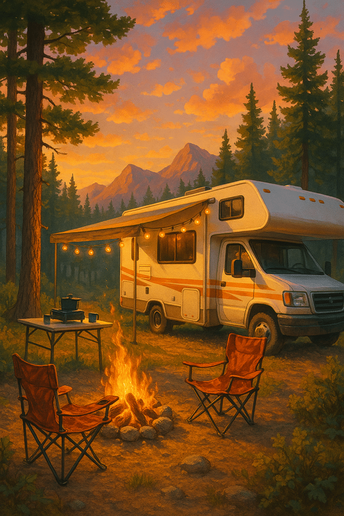rv camping essentials outdoor scene with rv campfire and gear at a forest campsite