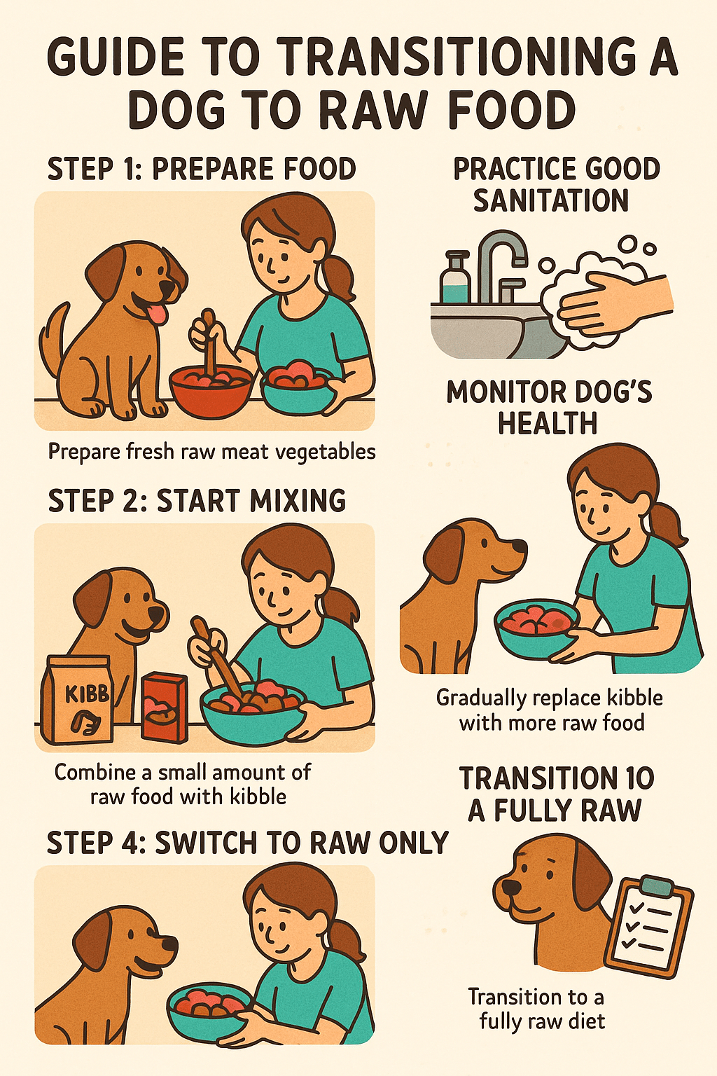 safe transition steps for raw dog food diet with dog and owner illustrations