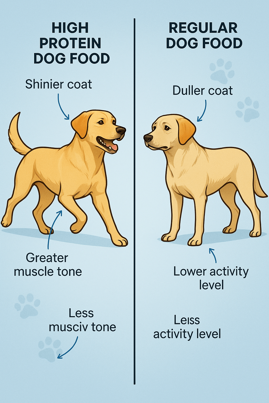 side by side comparison of dogs fed high protein dog food and regular dog food showing health differ