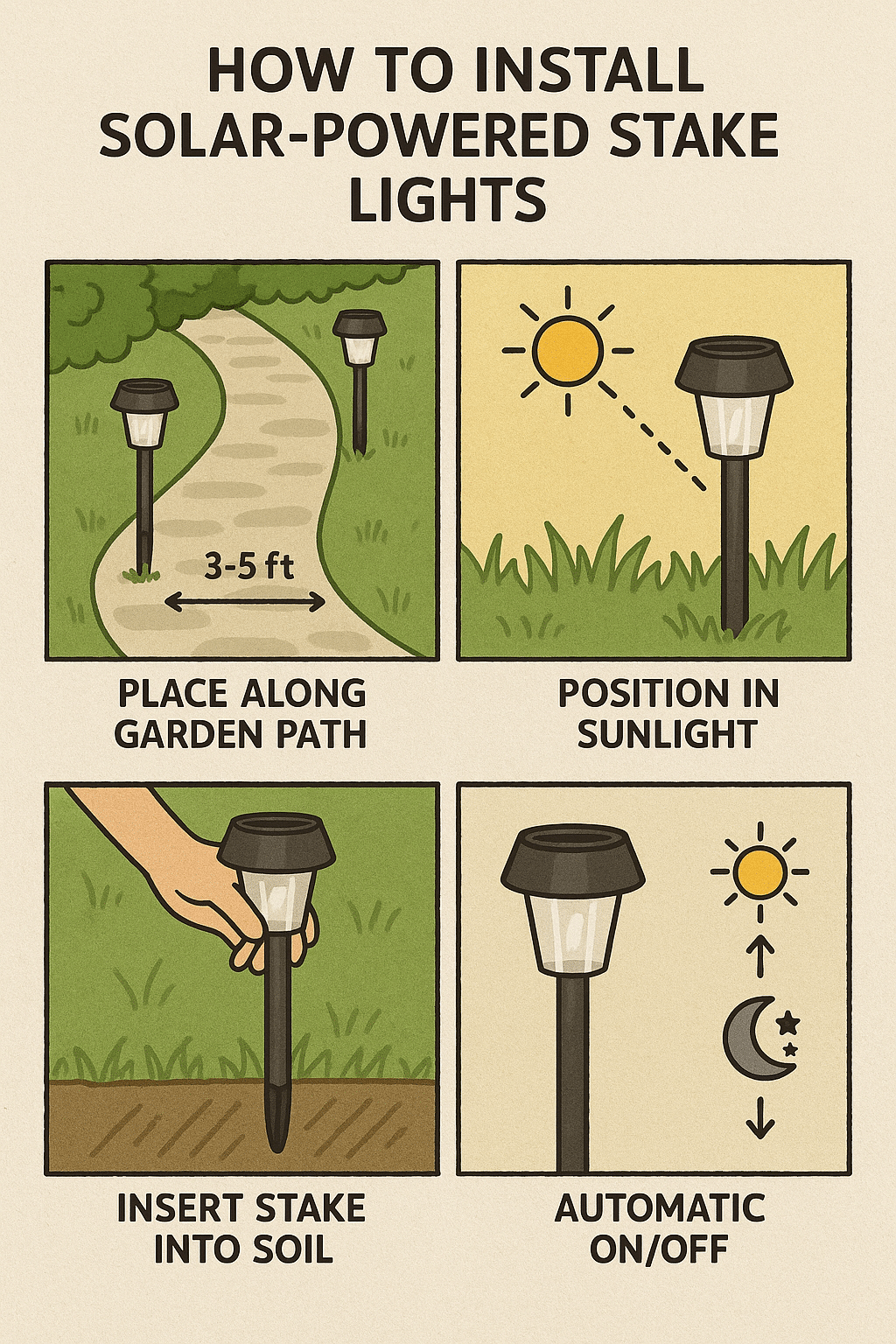 step by step diagram showing installation of solar outdoor lighting ideas for garden paths