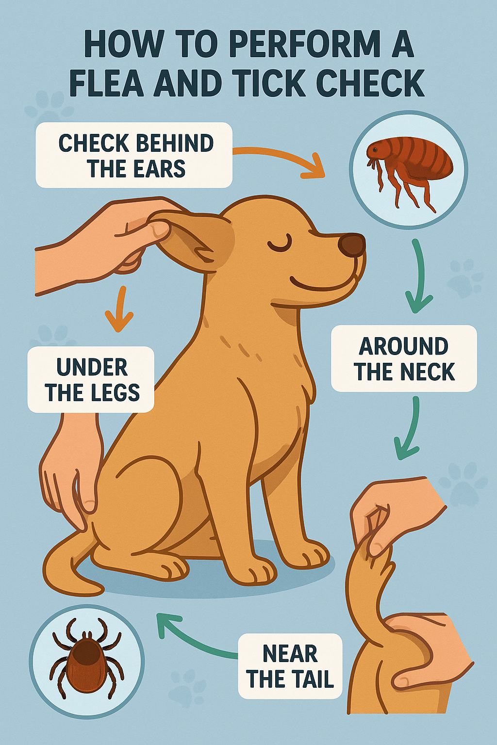 step by step flea and tick prevention check on pet body with close up flea and tick identification
