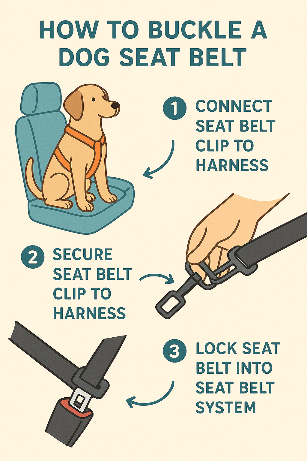 step by step guide showing how to properly use a dog seat belt for cars with dog in car seat and sea