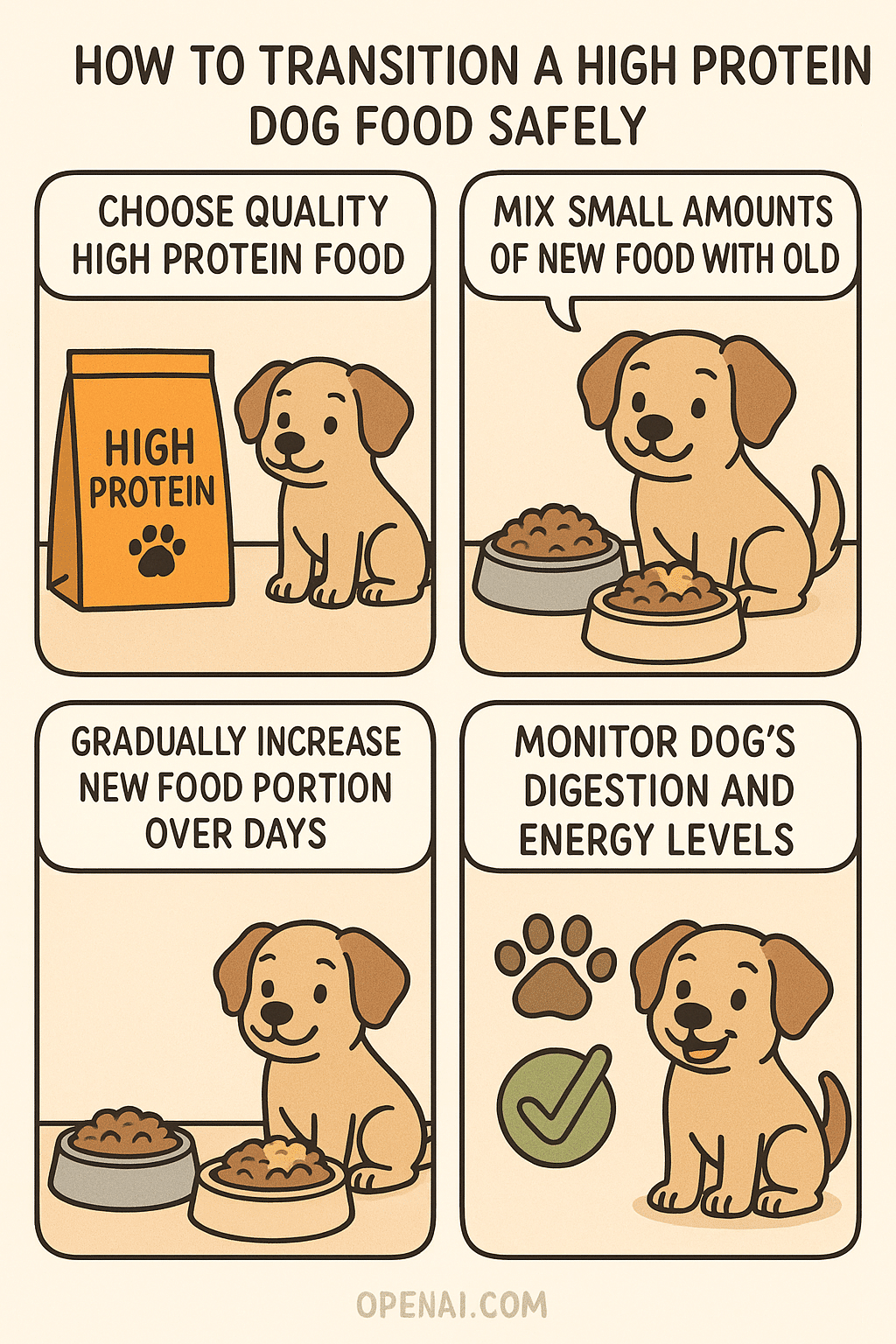 step by step guide showing safe transition to high protein dog food for dogs