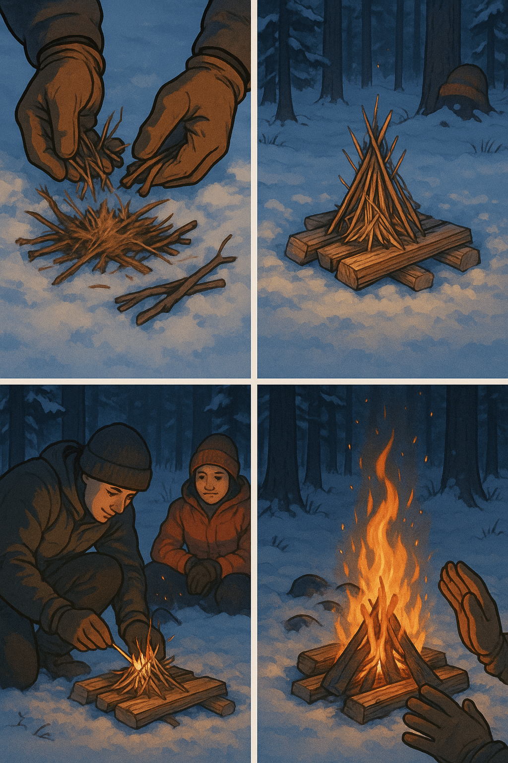 step by step guide to building winter campfire safely with snow surrounding and camping gear for win