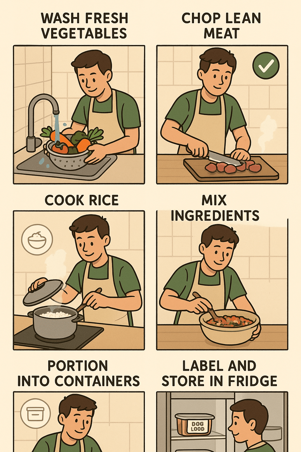 step by step preparing homemade dog food recipes in kitchen with fresh ingredients and storage