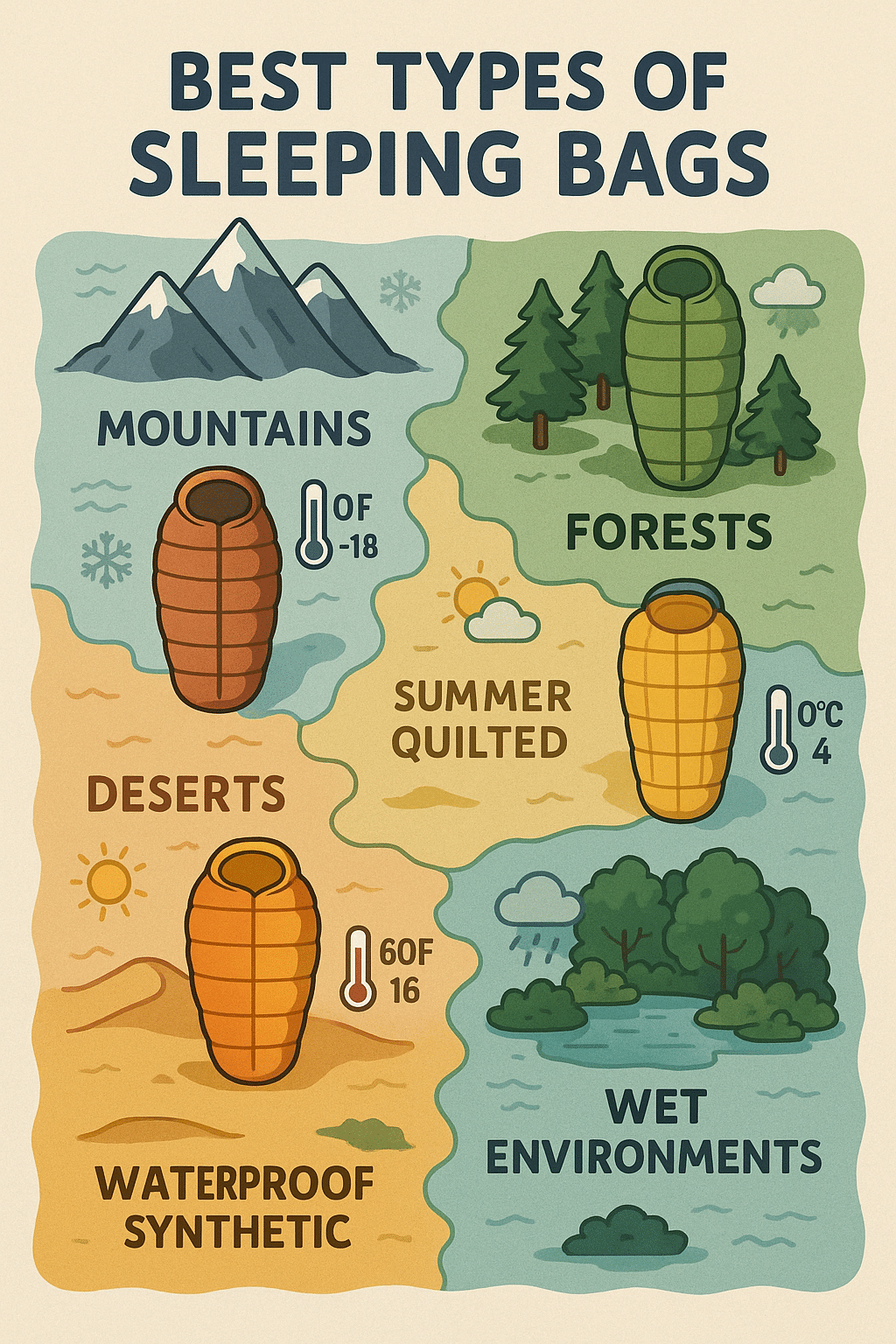 terrain and climate map showing recommended best sleeping bags for different outdoor environments