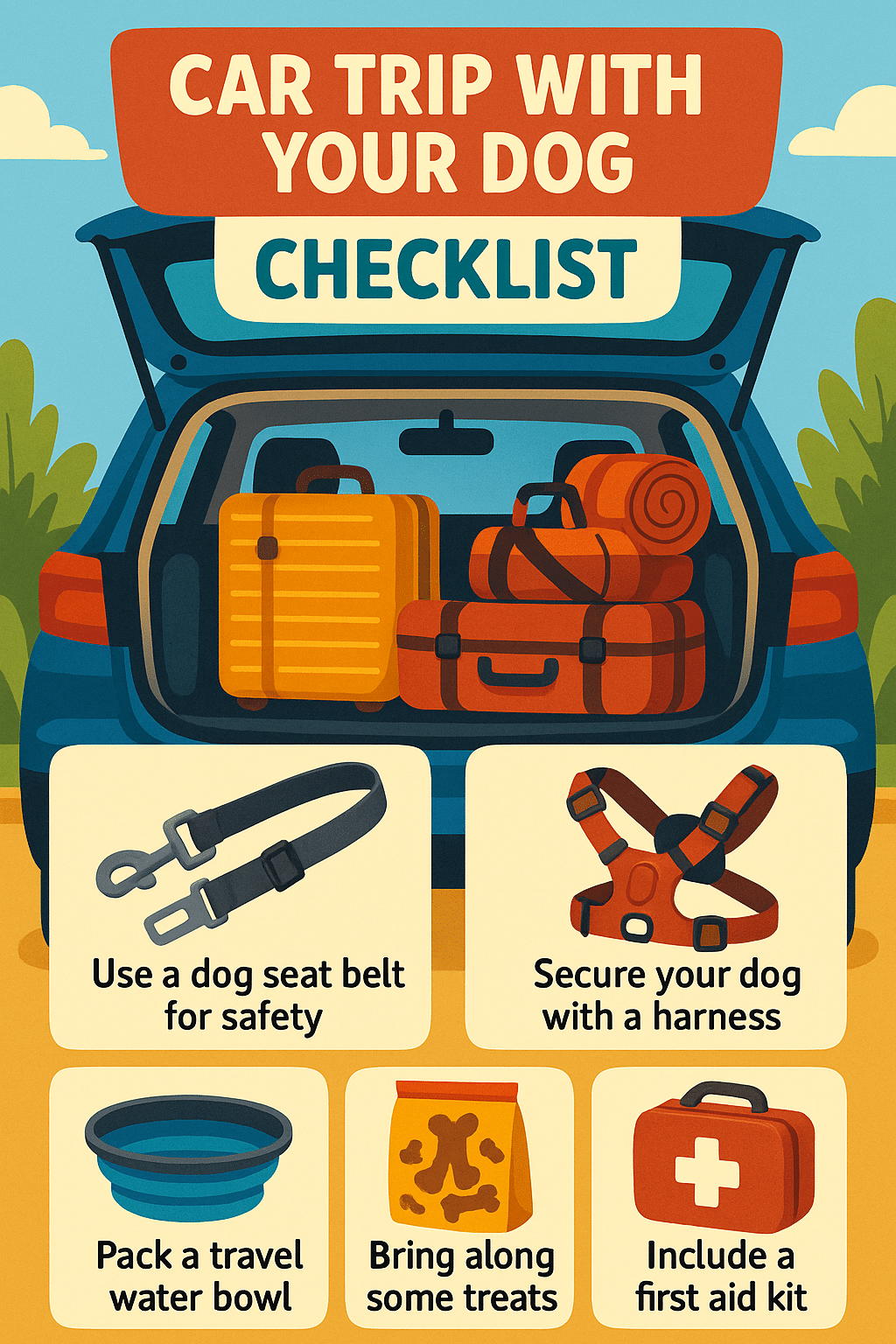 travel checklist with dog seat belt for cars and essentials for safe car trips with dogs
