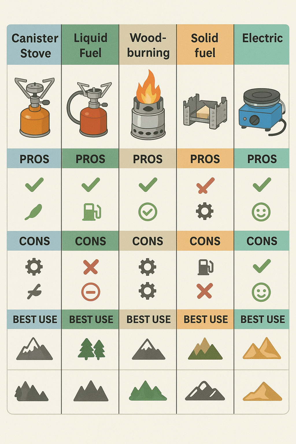 types of portable camping stove comparison chart with pros and cons for outdoors