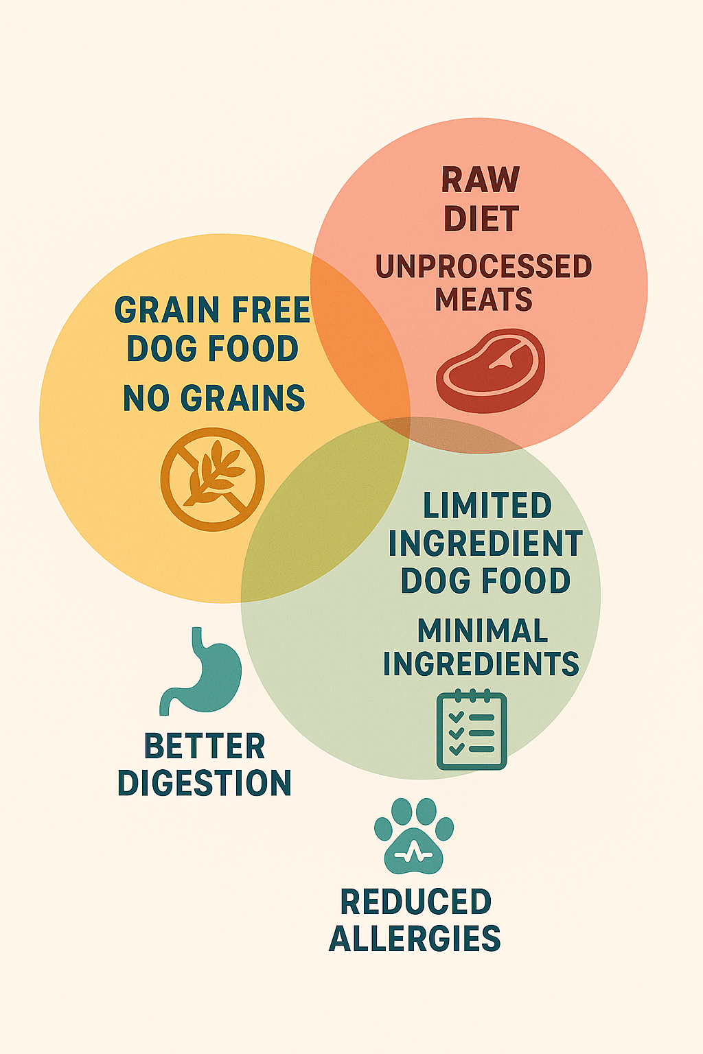 venn diagram comparing grain free dog food with specialty dog food types and benefits