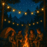 vibrant nighttime outdoor scene with campfire string lights symbolizing outdoor lighting ideas