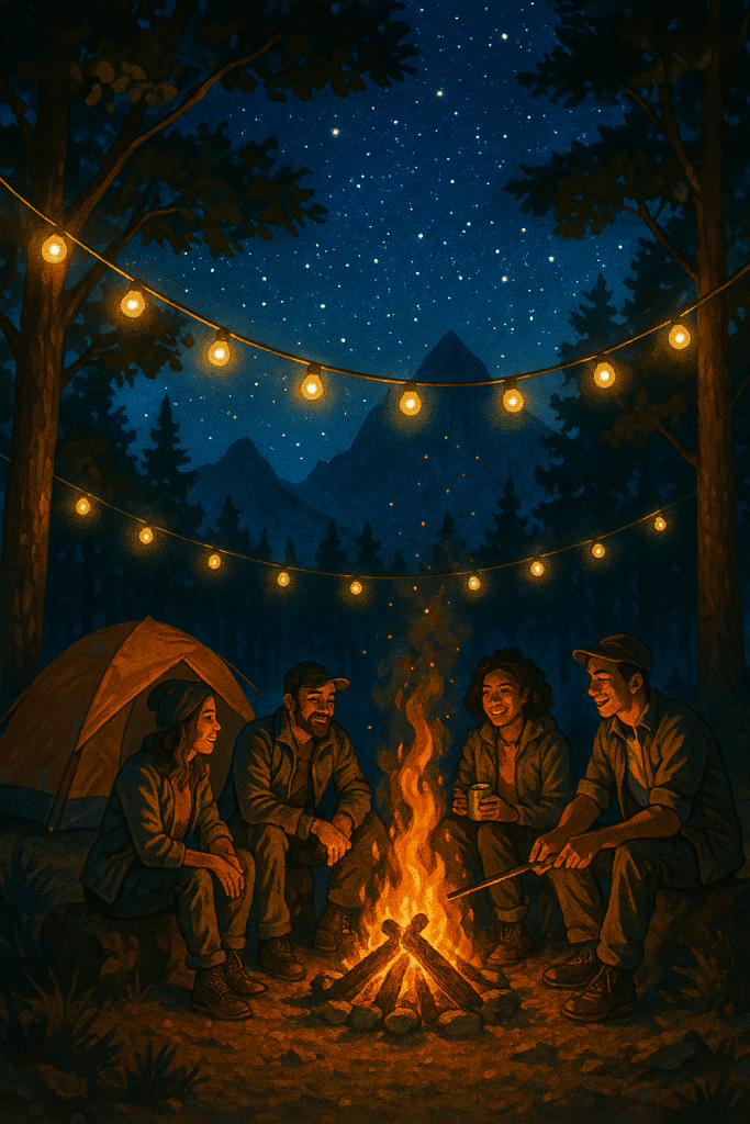 vibrant nighttime outdoor scene with campfire string lights symbolizing outdoor lighting ideas