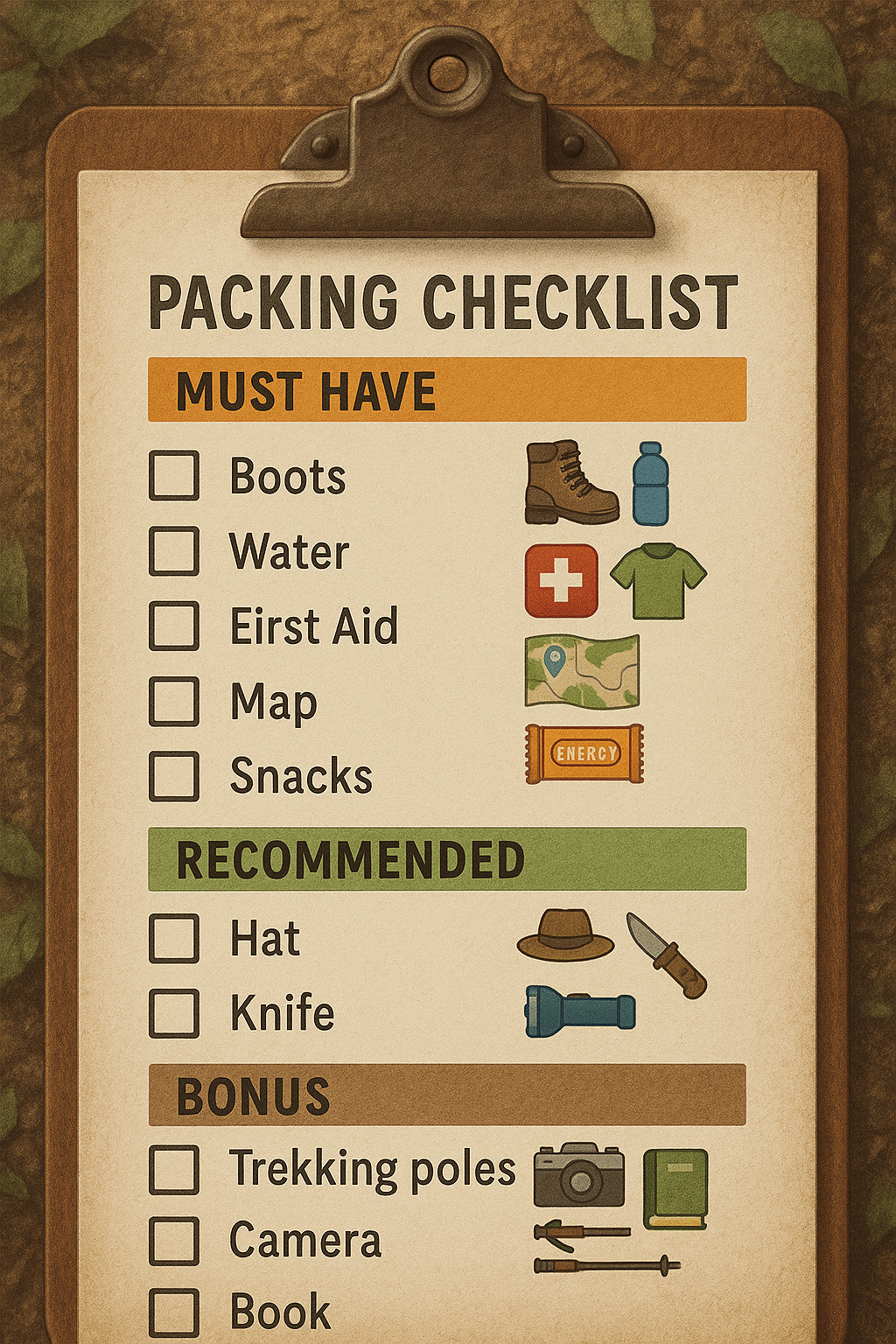 visual hiking essentials checklist with categorized gear packing guide