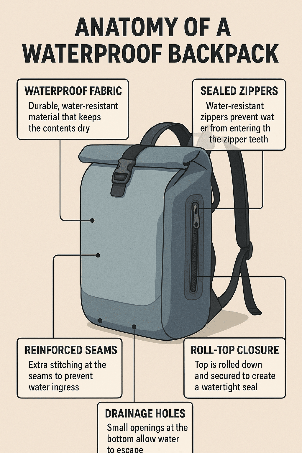 waterproof backpacks anatomy diagram showing key water resistant features labeled for outdoor enthus