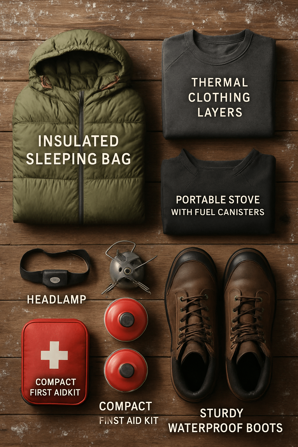 winter camping essentials flat lay showing insulated sleeping bag thermal clothing and camping gear
