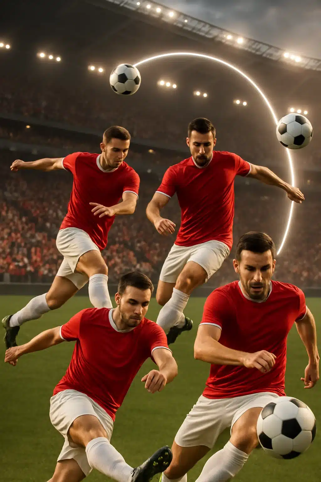 Action collage illustrating how to kick soccer ball with curve technique for bending the ball