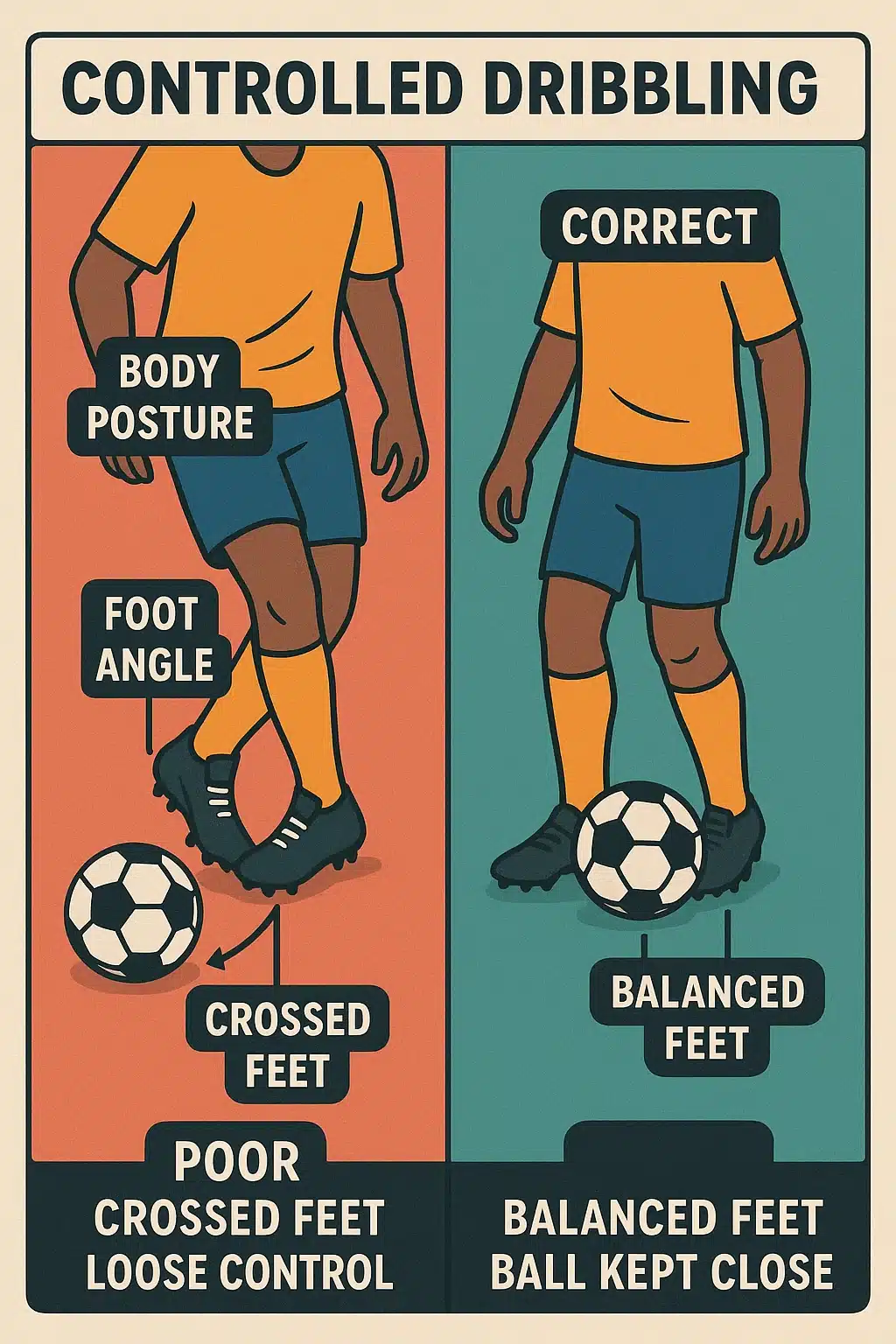 6 Powerful Ways How to Dribble Soccer Ball Like a Pro 5 Close up infographic showing foot and ball positioning for how to dribble soccer ball correctly