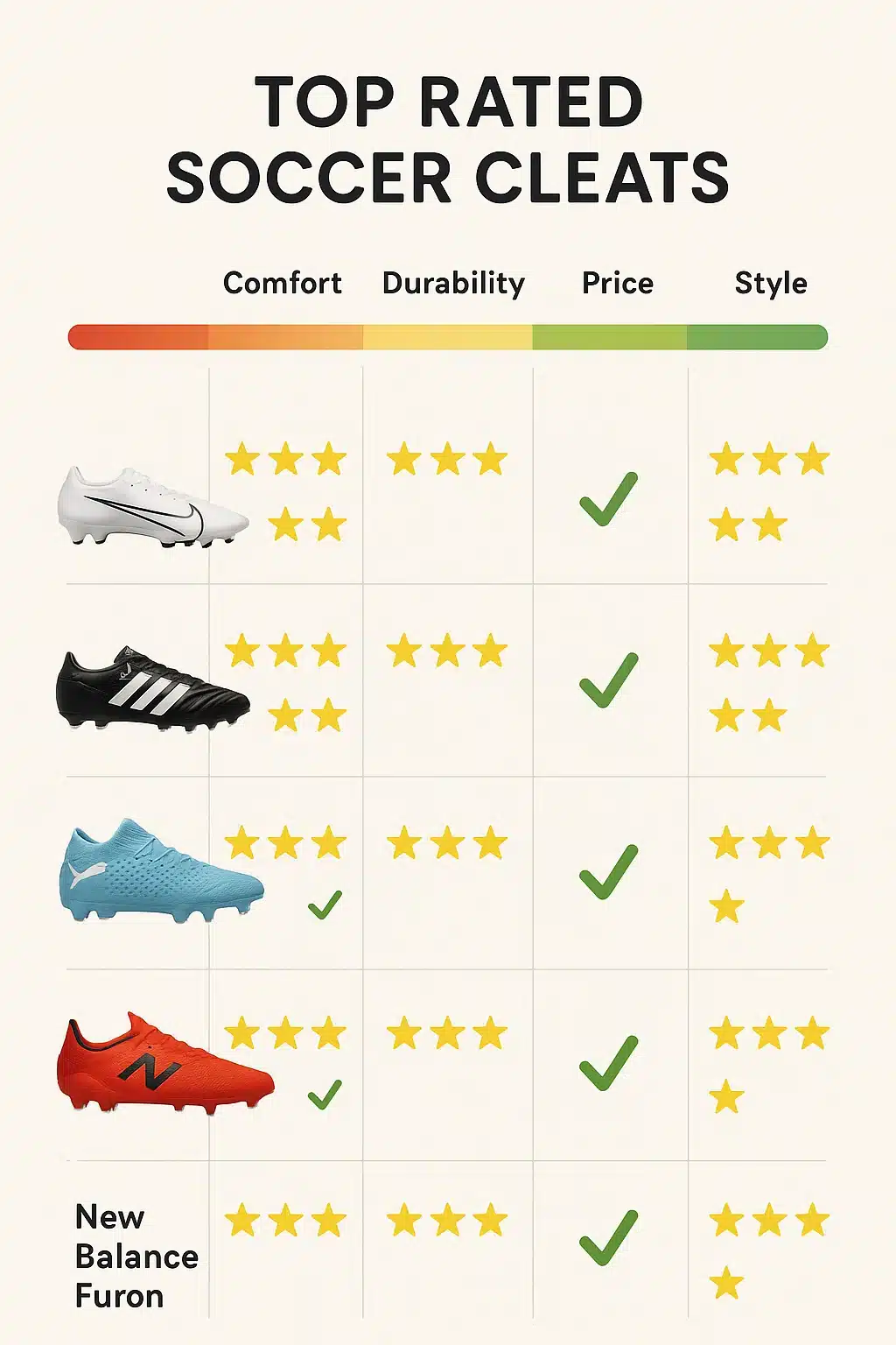 9 Best Soccer Cleats Every Soccer Ball Lover Must Have 6 Comparison chart rating best soccer cleats by comfort durability price and style for soccer ball lov