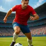 Energetic soccer player dribbling soccer ball on field showing how to dribble soccer ball skillfully
