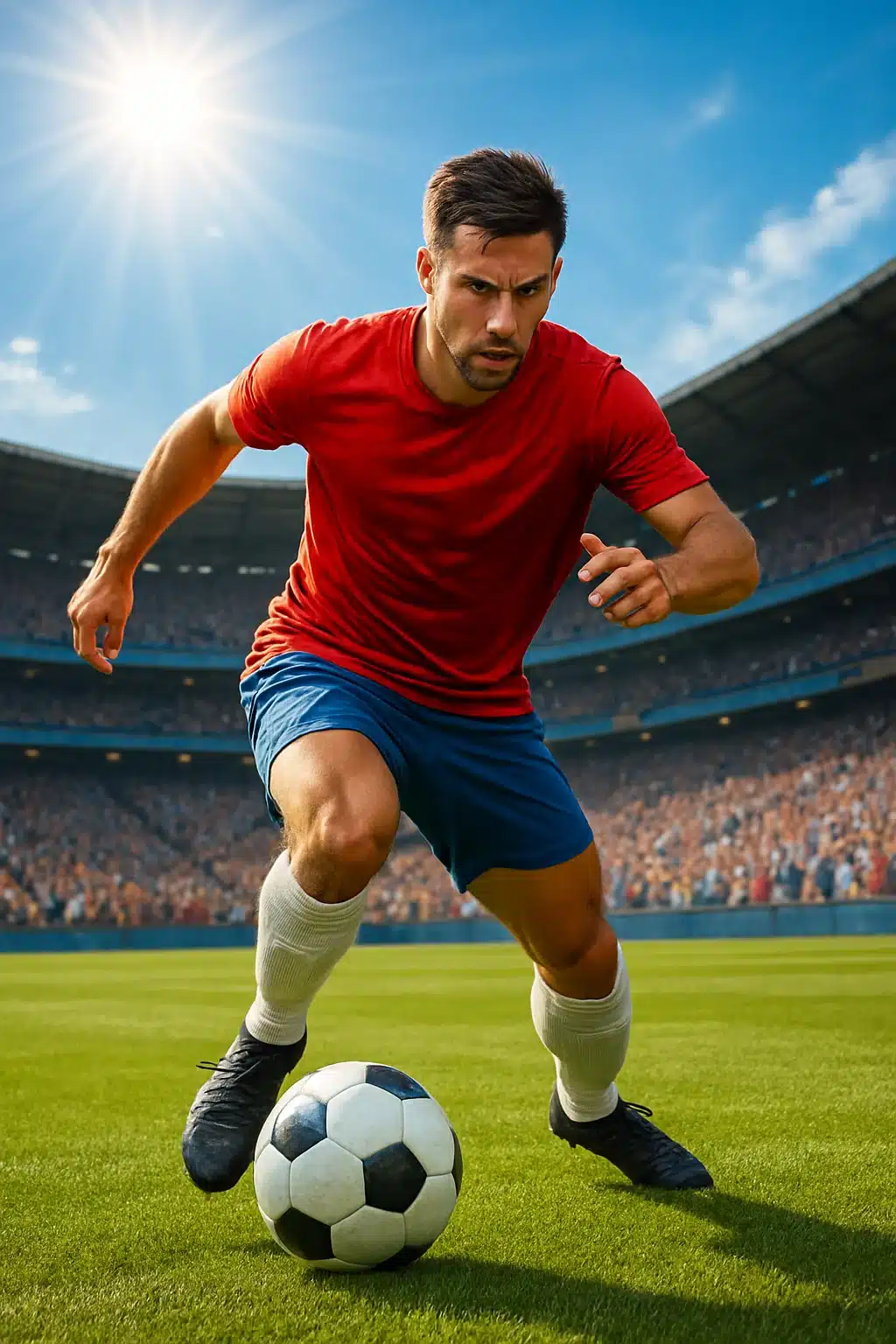 Energetic soccer player dribbling soccer ball on field showing how to dribble soccer ball skillfully