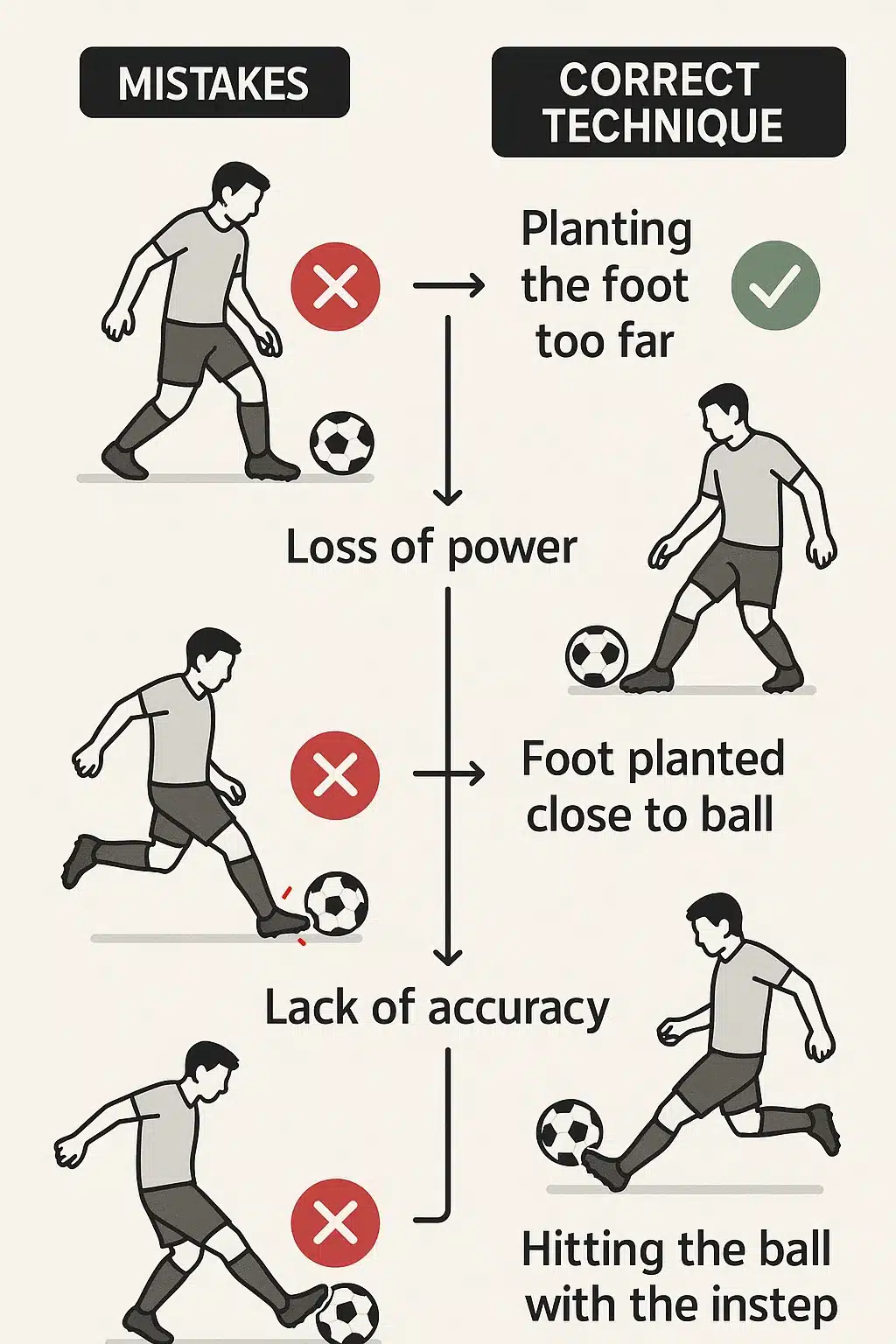 Flow chart detailing how to kick soccer ball with common mistakes and correct techniques