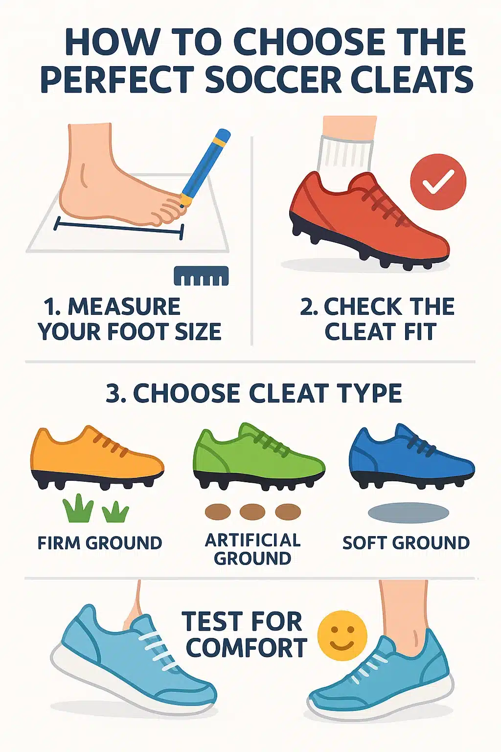 9 Best Soccer Cleats Every Soccer Ball Lover Must Have 5 Illustrated guide on how to choose best soccer cleats showing measuring fit and surface selection