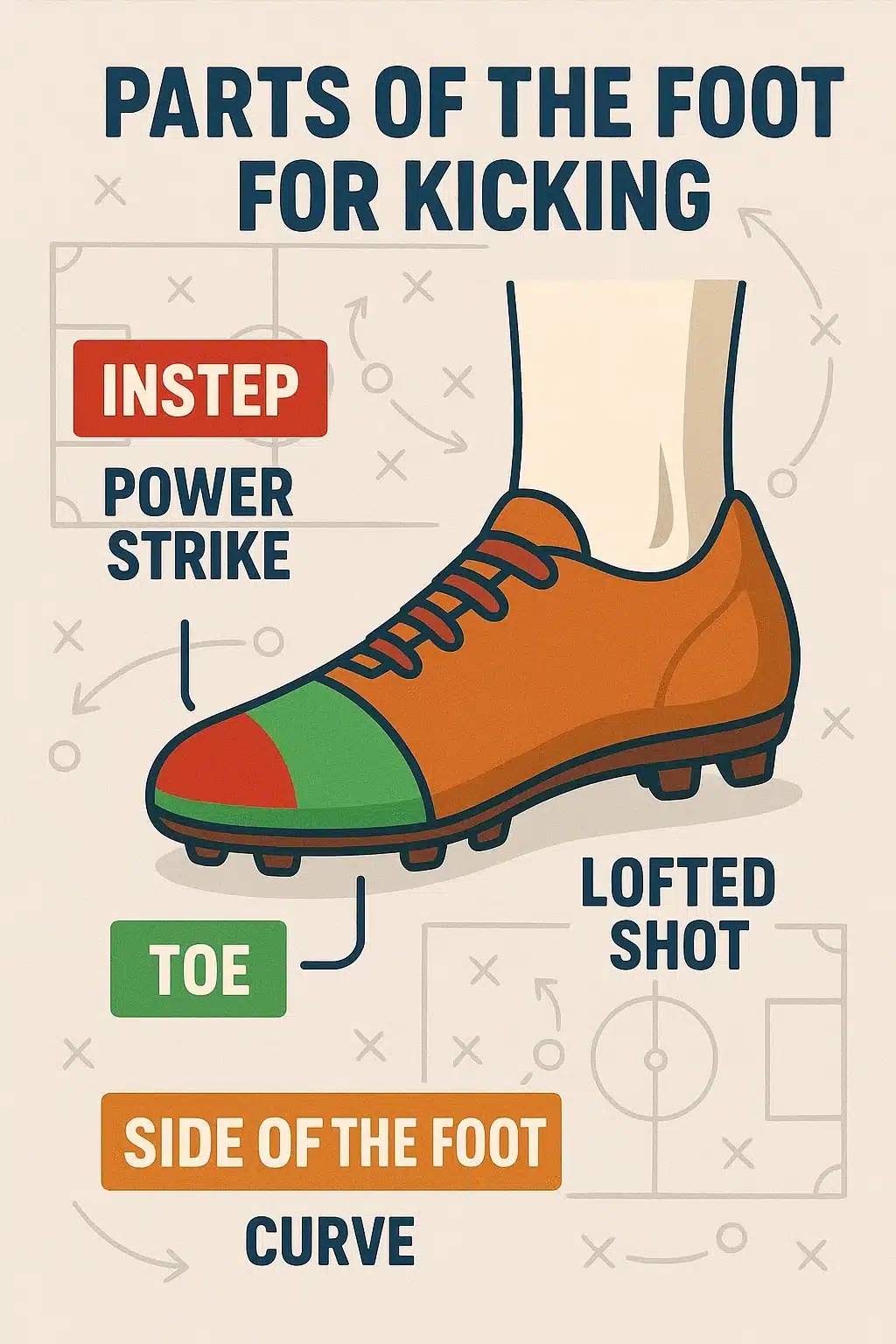 Infographic highlighting how to kick soccer ball using different parts of the foot