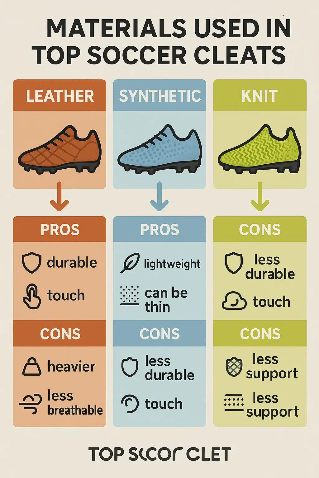 9 Best Soccer Cleats Every Soccer Ball Lover Must Have 3 Infographic showing materials of best soccer cleats with pros cons and performance benefits