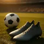Modern best soccer cleats on green field with soccer ball and stadium background for soccer ball lovers