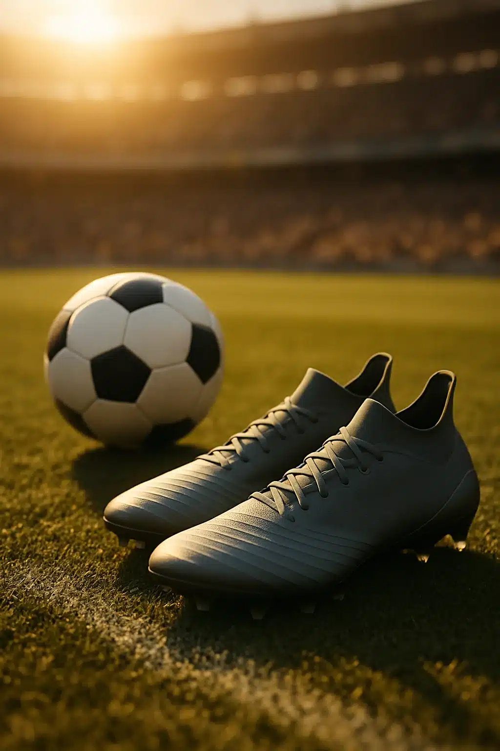 Modern best soccer cleats on green field with soccer ball and stadium background for soccer ball lovers