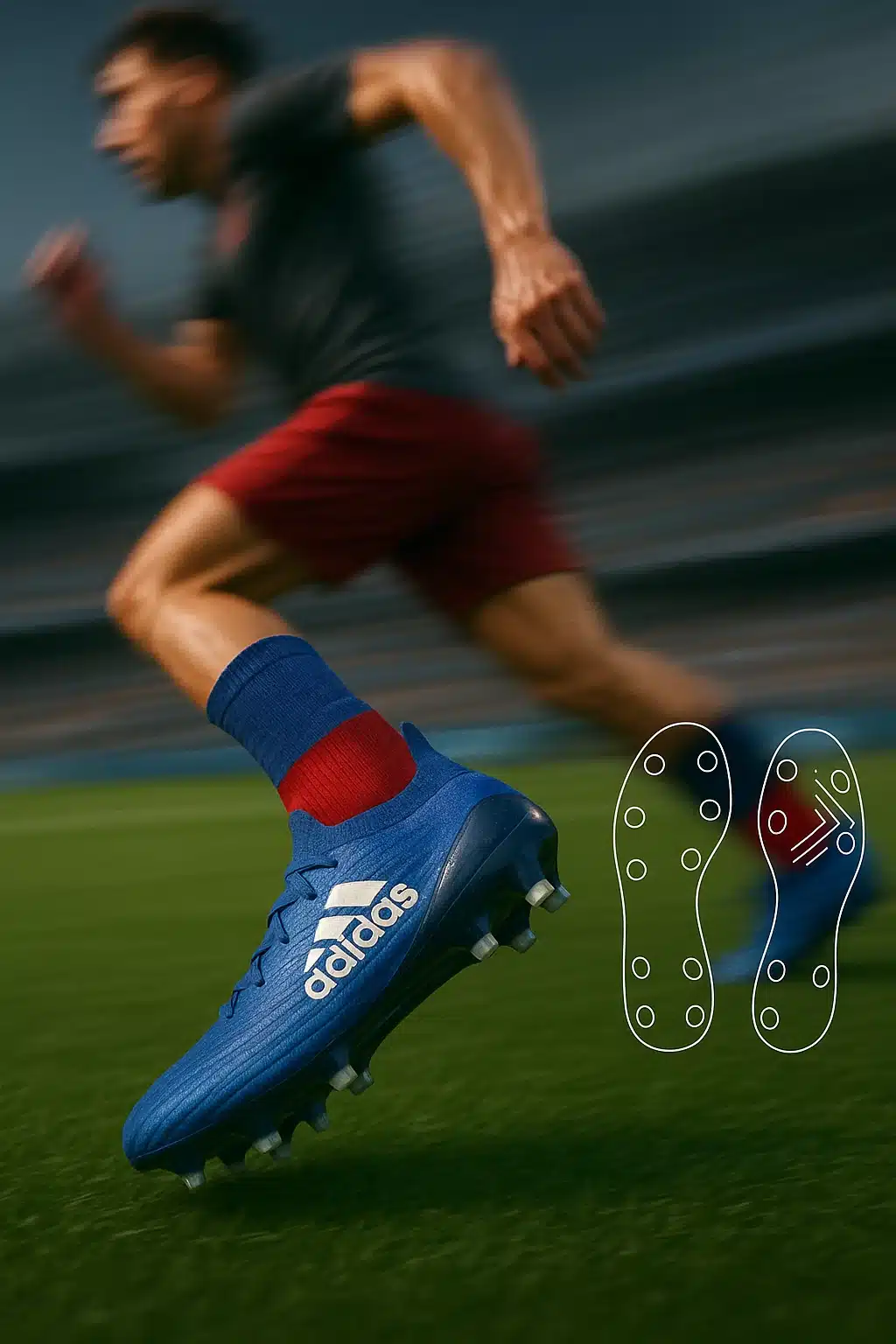 9 Best Soccer Cleats Every Soccer Ball Lover Must Have 4 Soccer ball lover sprinting in best soccer cleats with stud placement and grip features shown