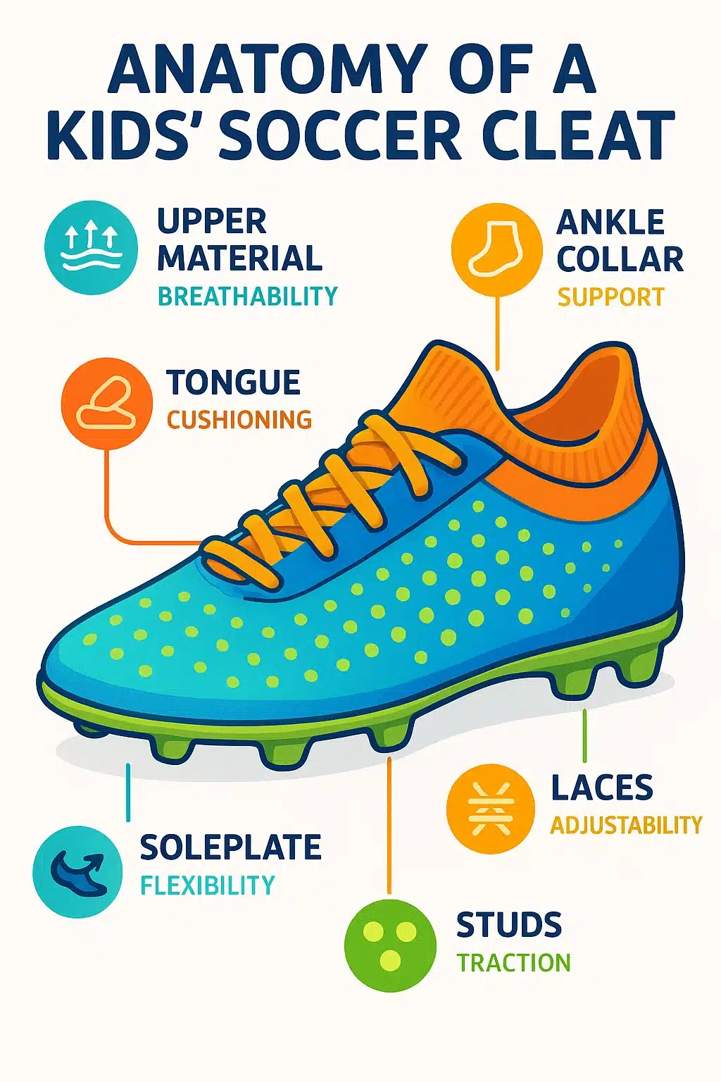 9 Best Soccer Cleats For Kids To Boost Performance and Comfort 2 anatomy of kids soccer cleats showing key parts and features for soccer cleats for kids