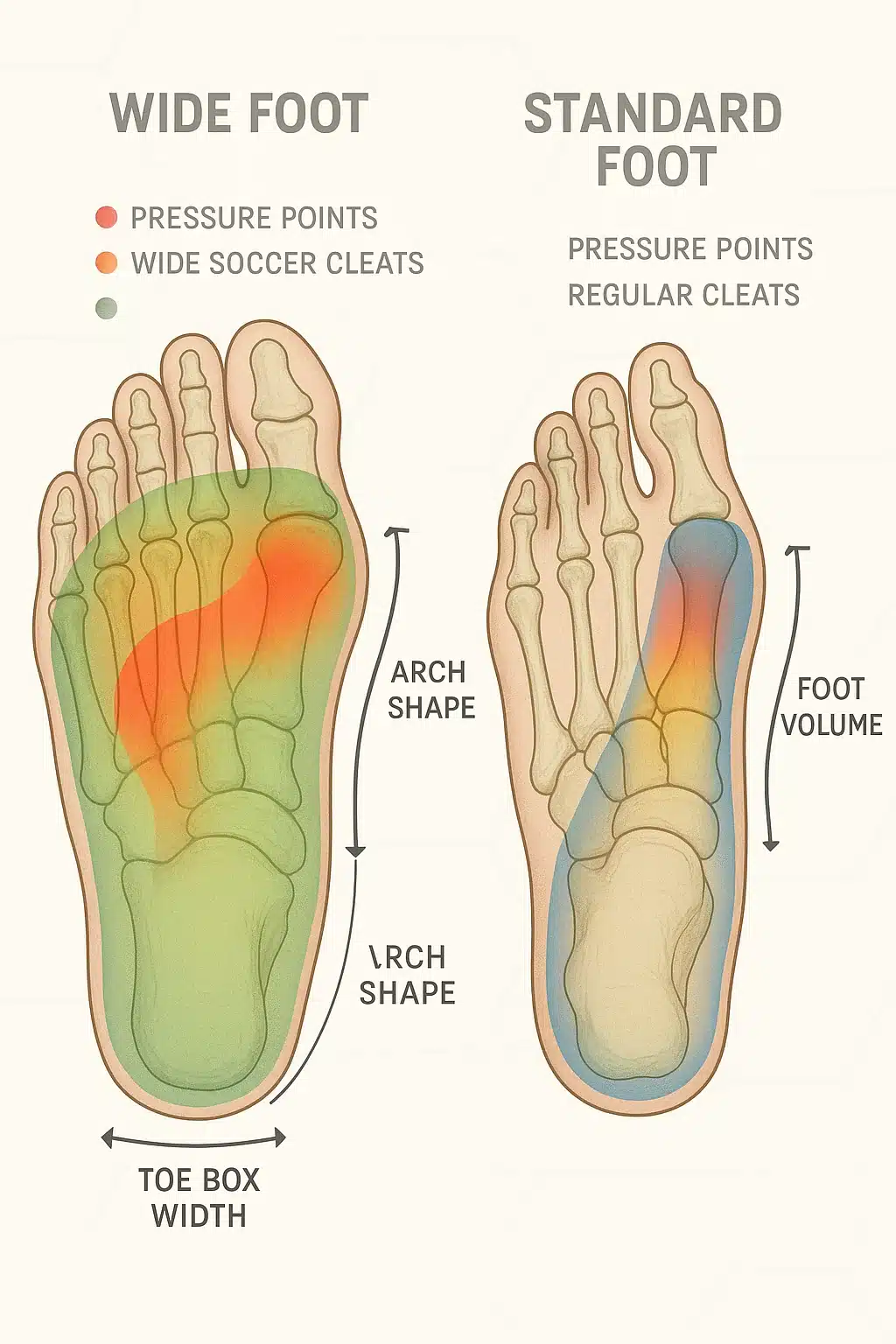 anatomy of wide feet showing pressure points and fit in soccer cleats for wide feet