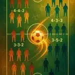 artistic overhead soccer pitch with multiple soccer team formations and glowing soccer ball for soccer team formations
