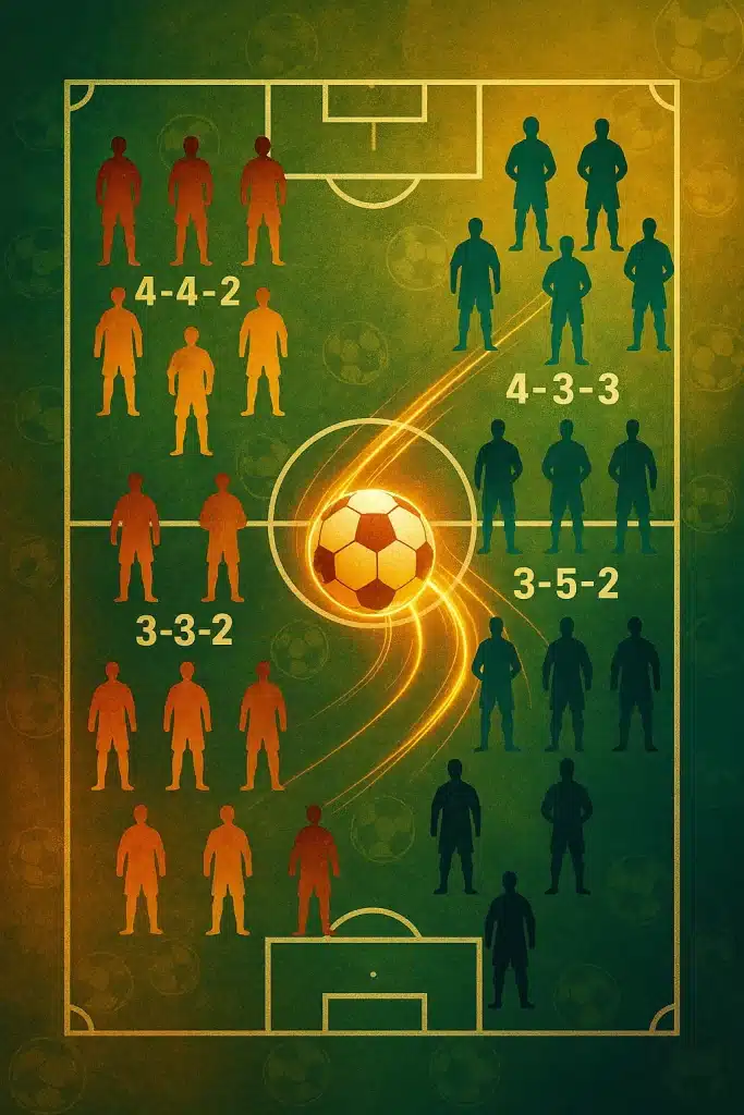 artistic overhead soccer pitch with multiple soccer team formations and glowing soccer ball for soccer team formations
