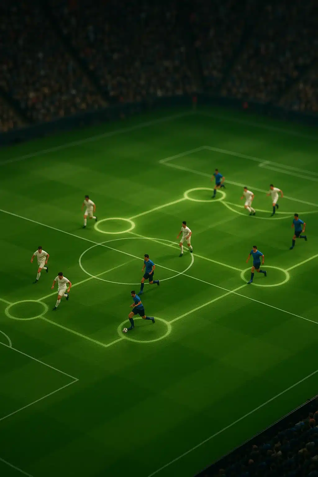 bold soccer 4 3 3 tactics formation with players in motion on soccer field aerial view