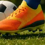 close up of soccer cleat for wide feet next to soccer ball on grass field