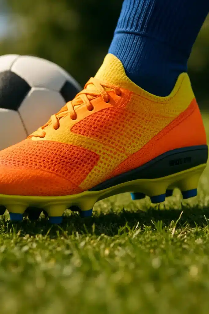 close up of soccer cleat for wide feet next to soccer ball on grass field