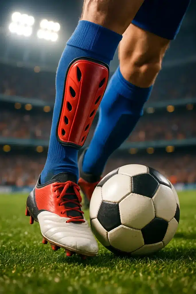 close up of soccer shin guards on players legs on grass field during game