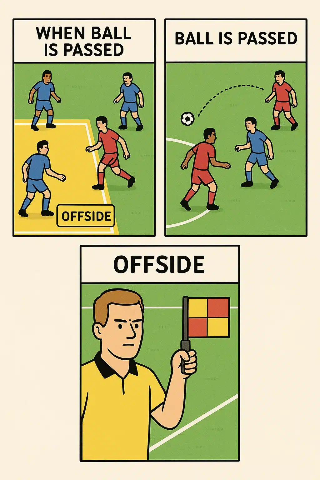 5 Essential Facts About Soccer Offside Rule Every Fan Should Know 3 comic style sequence explaining soccer offside rule with referee signaling