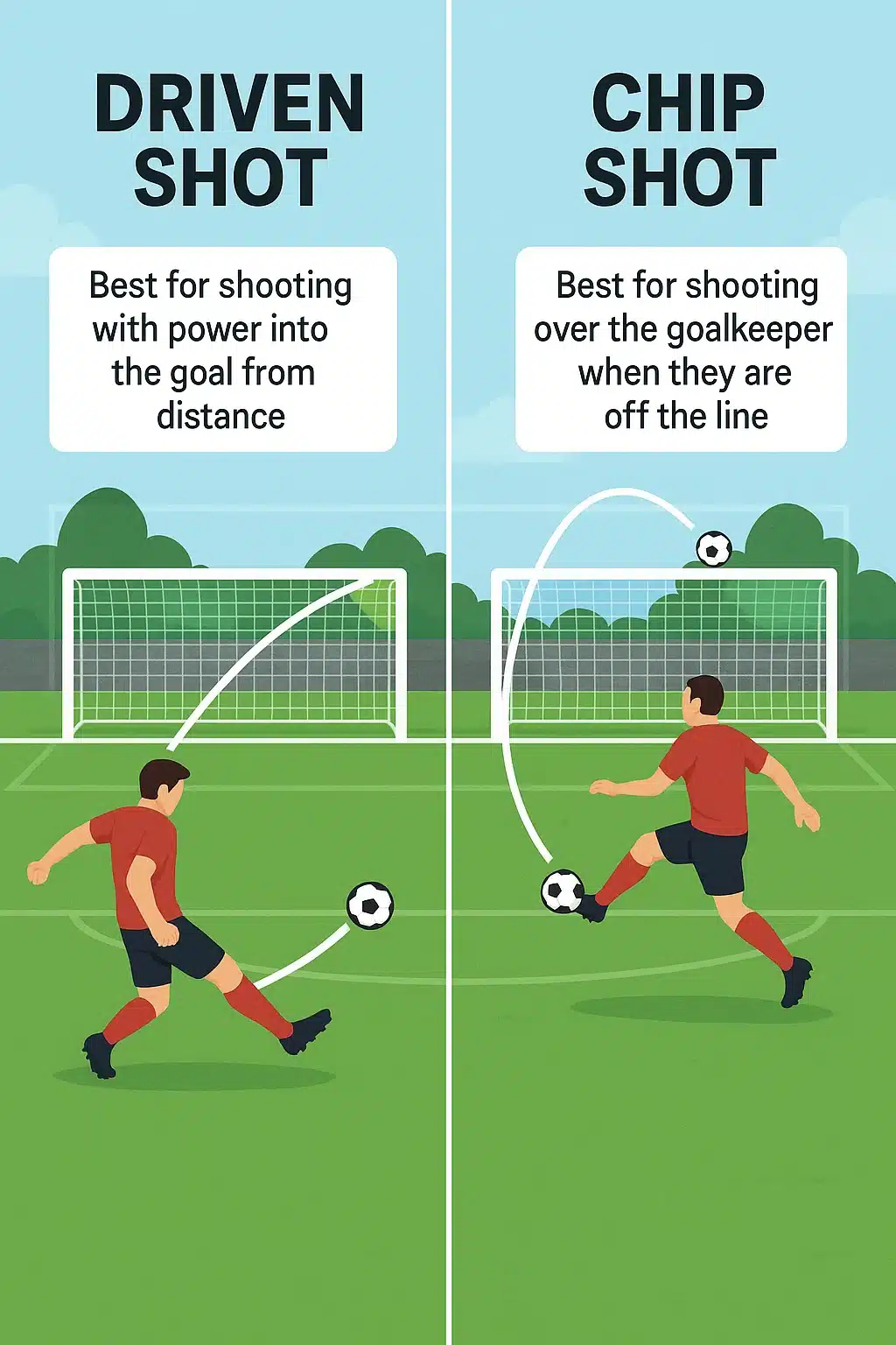 5 Powerful Soccer Shooting Drills Every Soccer Ball Lover Needs 5 comparison diagram illustrating driven shot versus chip shot in soccer shooting drills