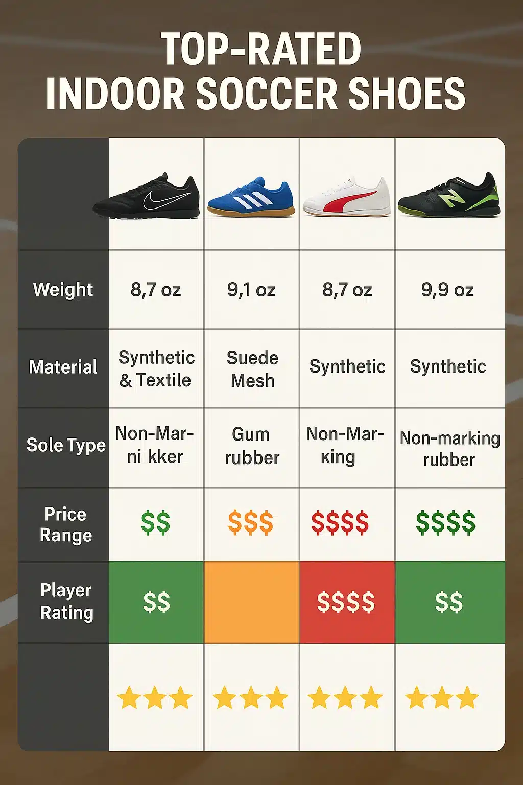 comparison of best indoor soccer shoes with specs and ratings for soccer ball lovers