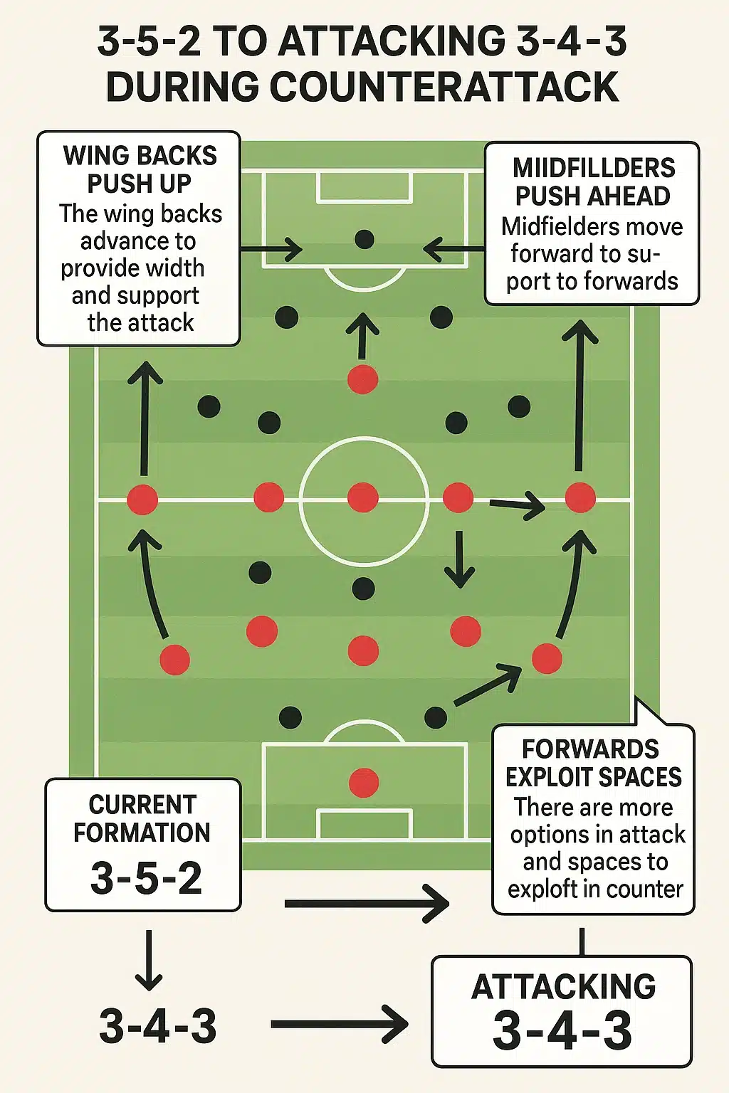 diagram illustrating three five two soccer team formations shifting into attacking three four three